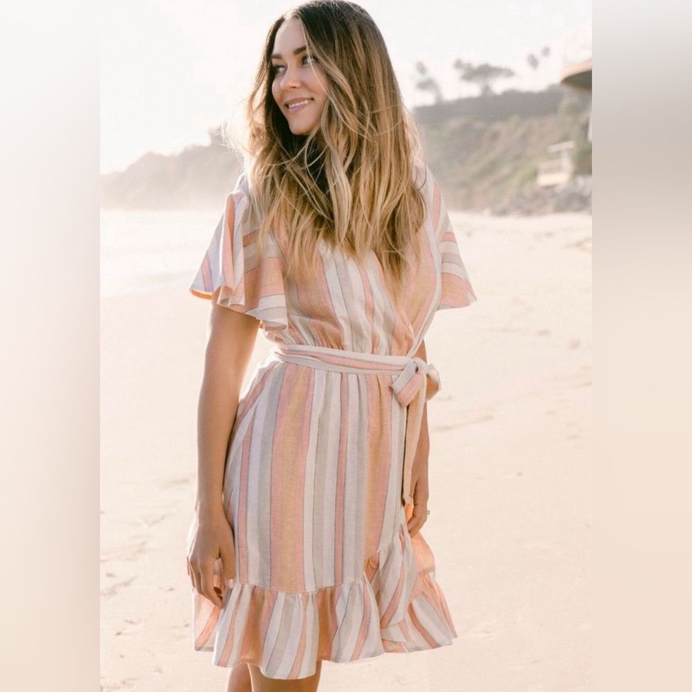 Lauren Conrad blush orange and tan linen ruffle faux wrap dress size medium NWT